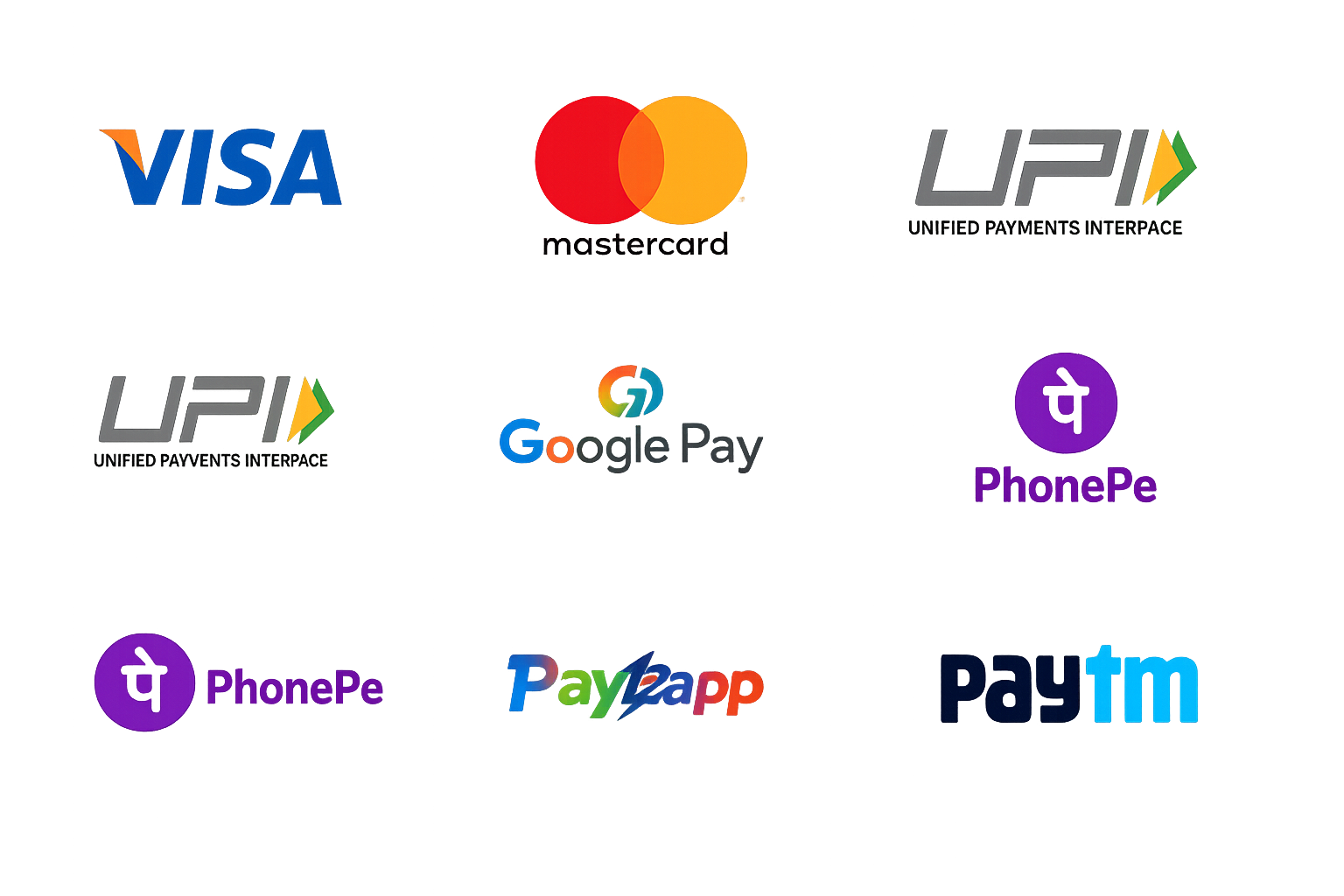 We accept Visa, Mastercard, UPI, Google Pay, PhonePe, Paytm